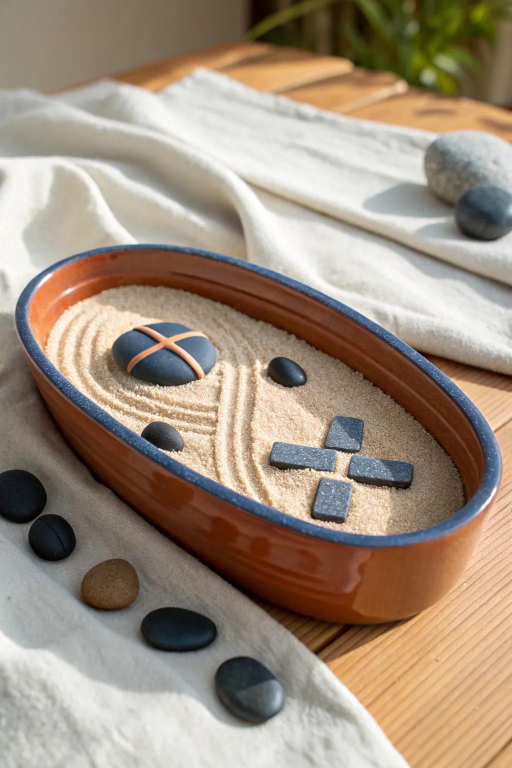 A tiny stone path over raked sand—mini zen garden calm with Scandinavian + boho charm.