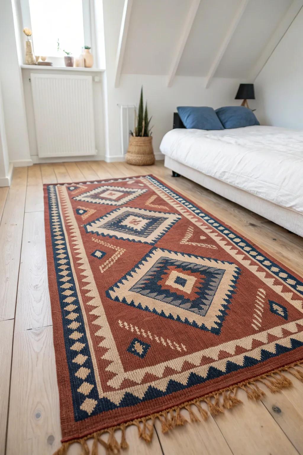 One statement rug + crisp linen layers makes a tiny bedroom feel curated and calm.