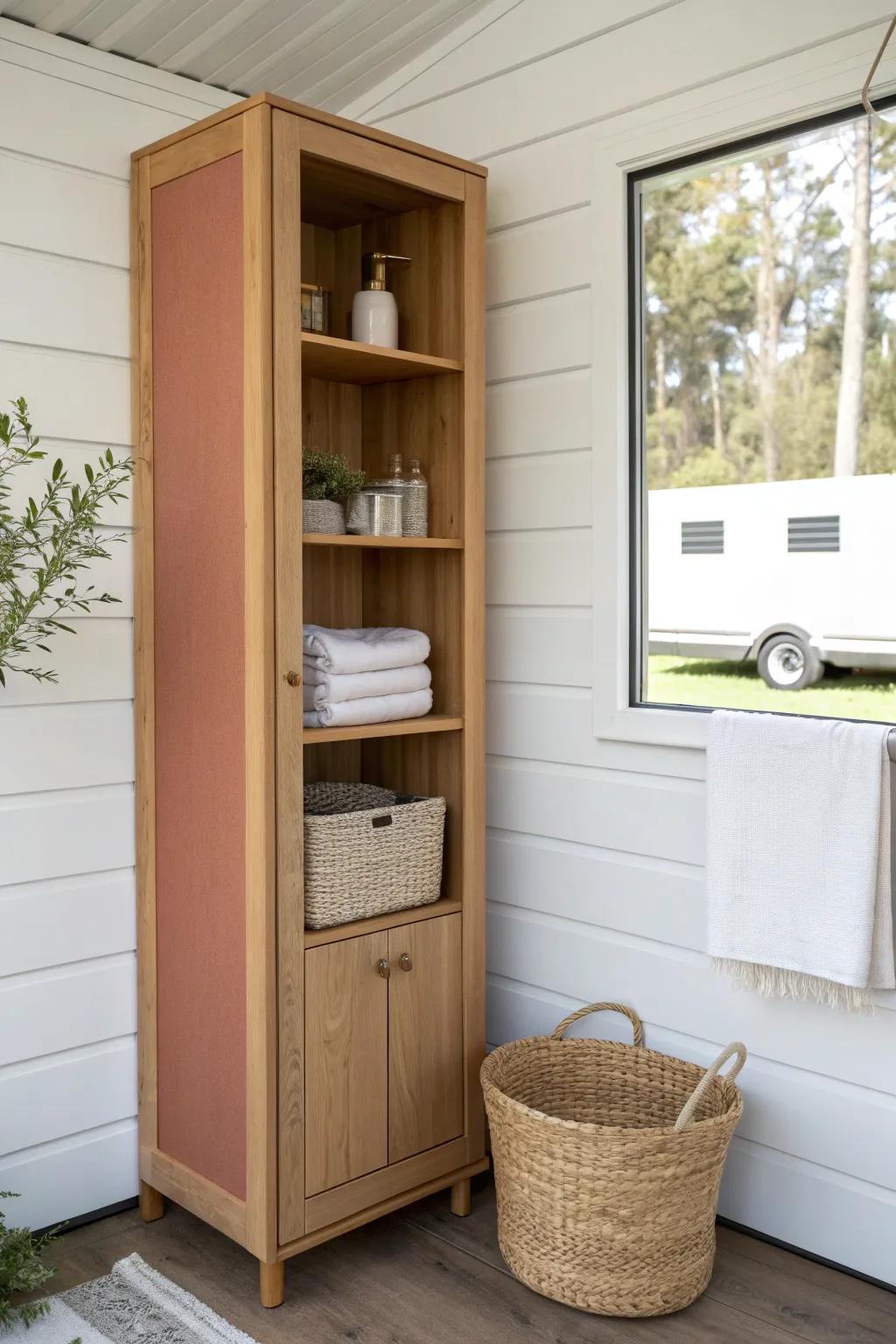 Go vertical with a slim wall unit—shelves + hooks give big storage without crowding floors.