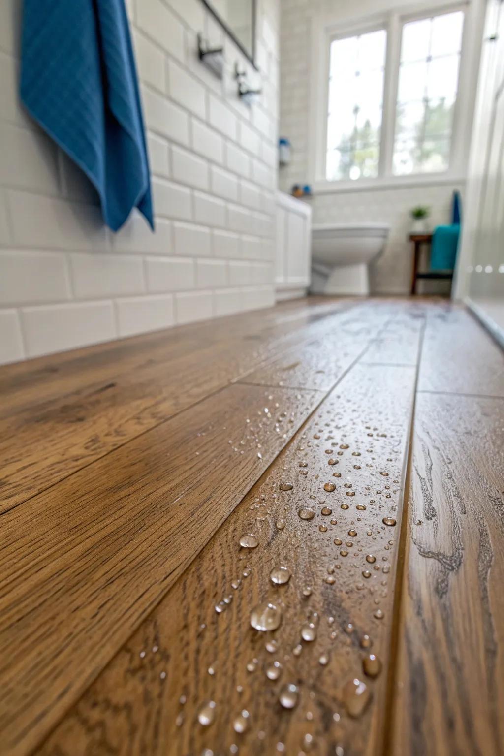 Waterproof vinyl plank delivers warm wood style in a mobile home bath—splash-proof and modern.
