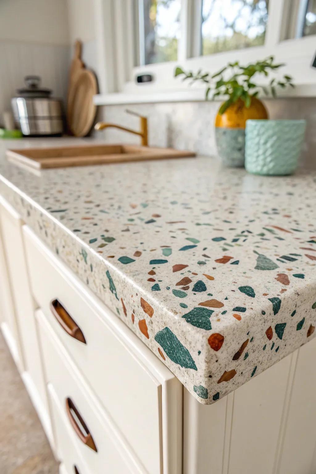 Swap in a textured terrazzo countertop for an instant high-end, custom-look mobile home kitchen.
