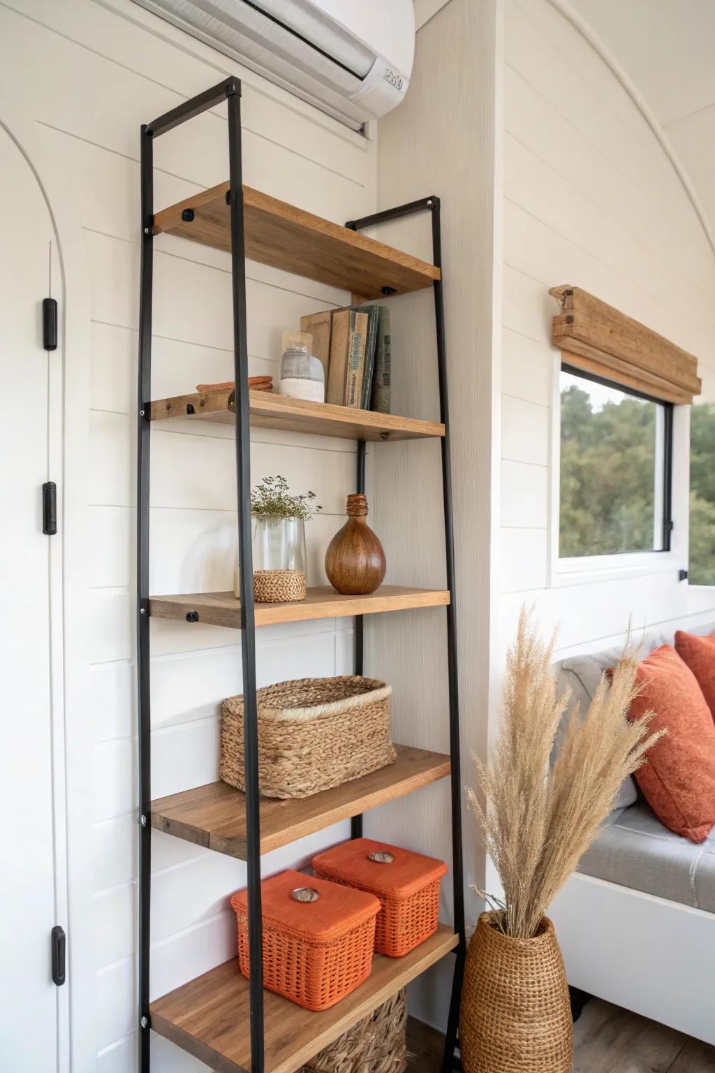 Go vertical: a slim wall shelf with baskets keeps your mobile home tidy and styled.