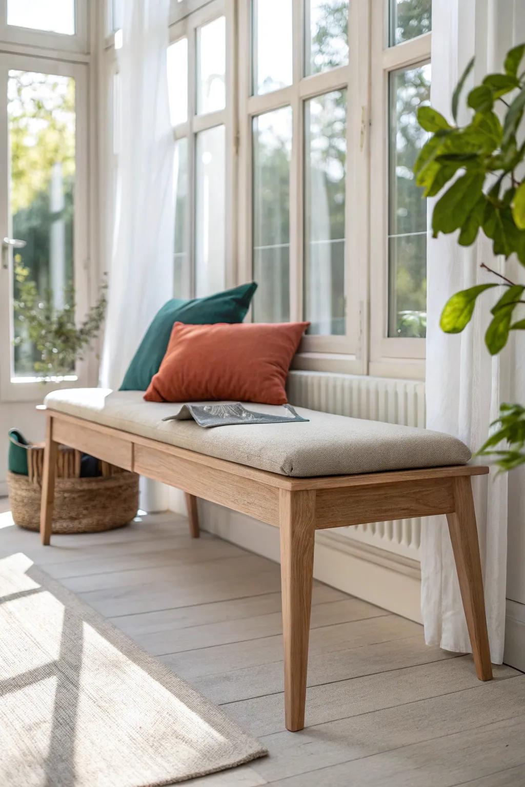 A slim sunroom bench turns a mobile home into a cozy dining spot for casual company.