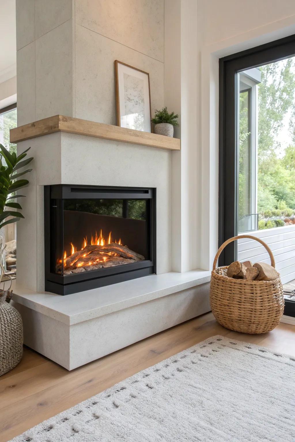 Corner electric fireplace magic—sleek, space-saving warmth that turns tiny rooms into a cozy lounge.