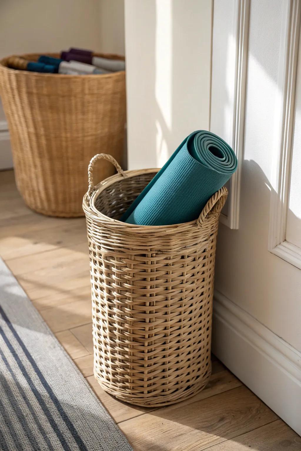 A handwoven basket hides your workout essentials—flex-room calm, not gym chaos.