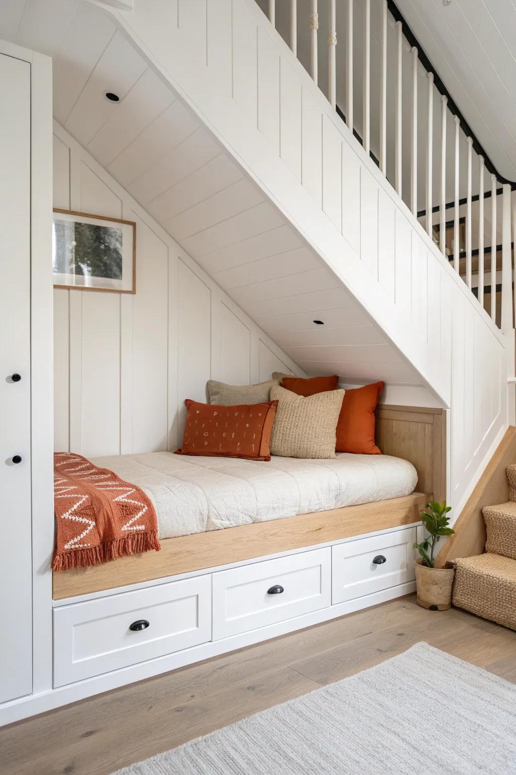 A sleek under-stairs daybed nook with hidden drawers—guest-ready comfort in a small space.