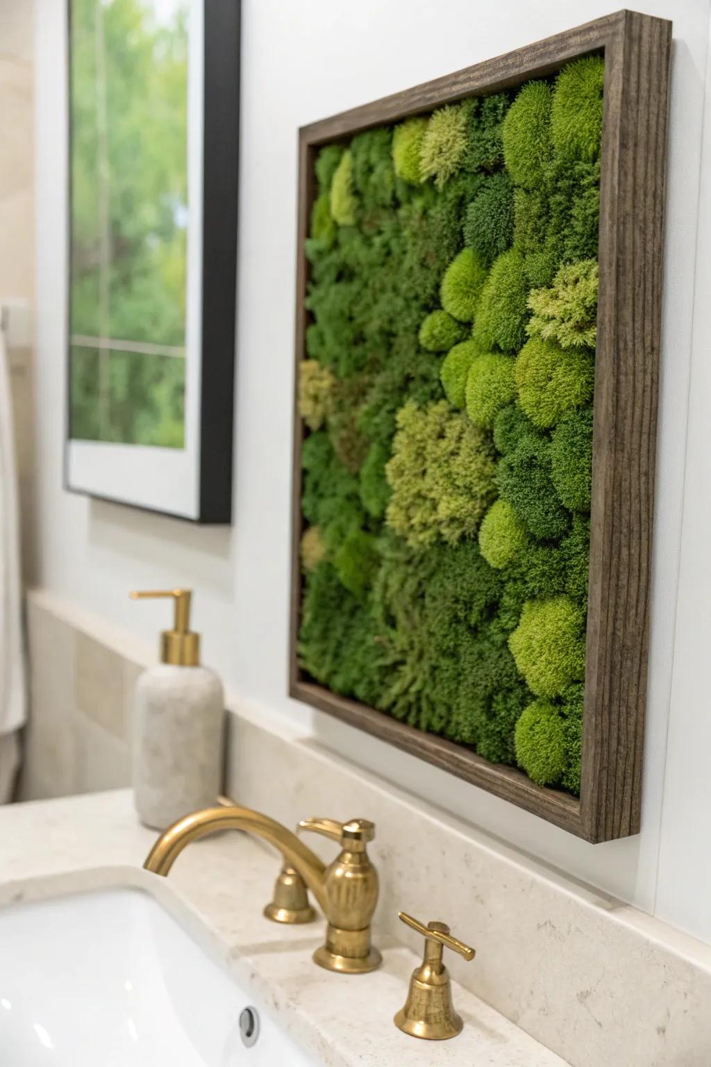 Bathroom spa moment: preserved moss panel above the vanity—lush, no watering, just calm.