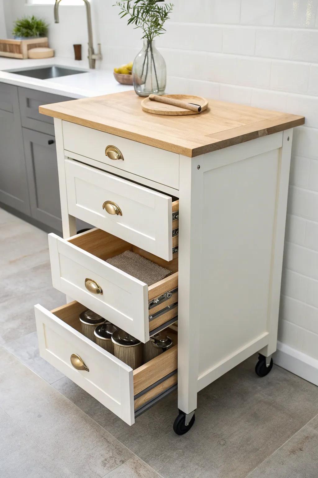 Drawer-first movable island: shallow drawers keep tools tidy without stealing counter space.