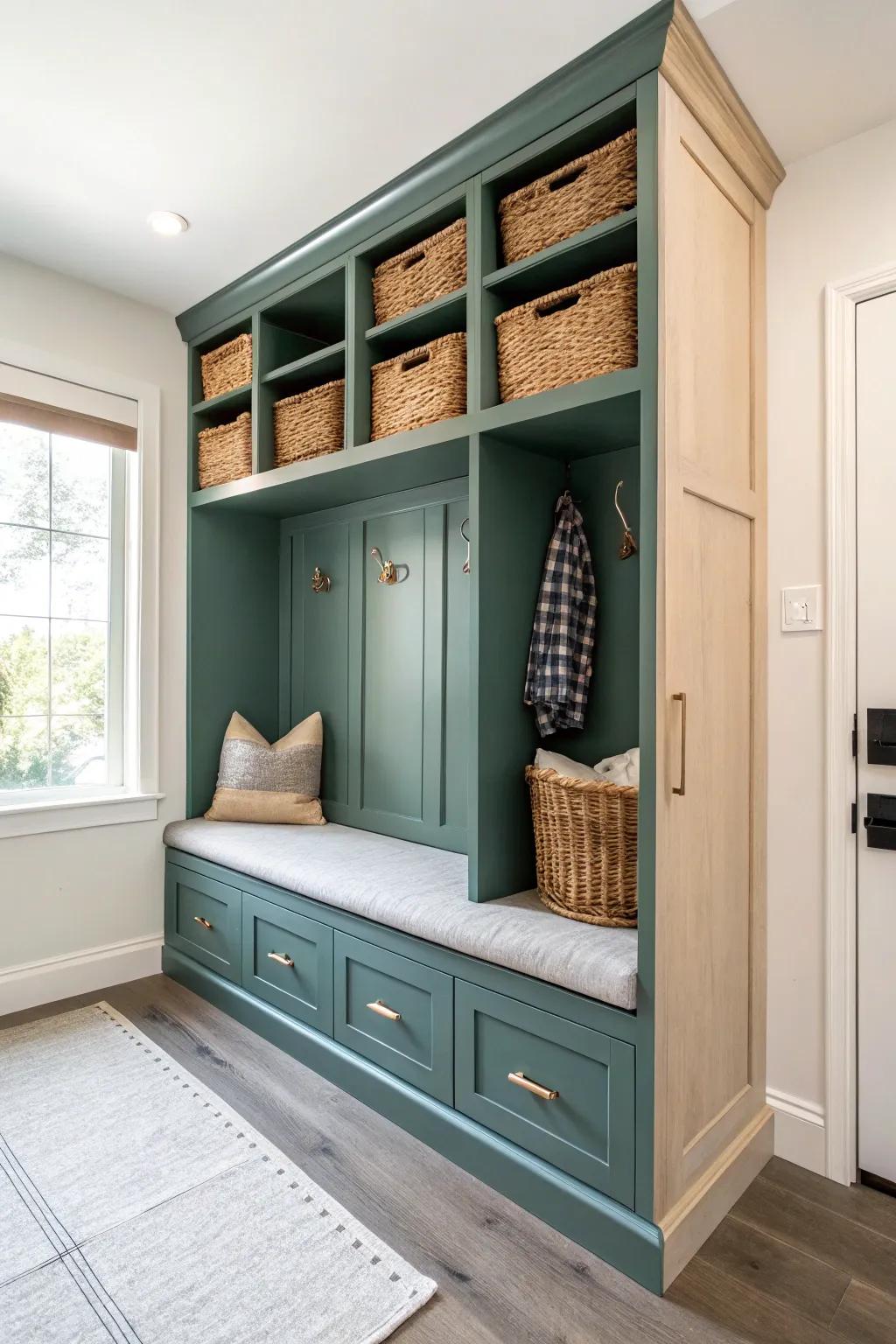 Open cubbies for daily grab-and-go, closed cabinets below to hide the visual noise.