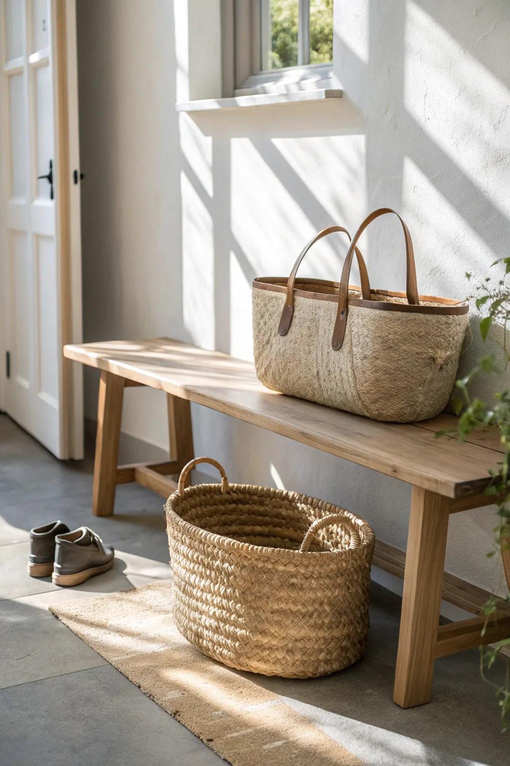 Slide-out shoe basket storage: tidy mudroom magic with natural texture and bold pops.