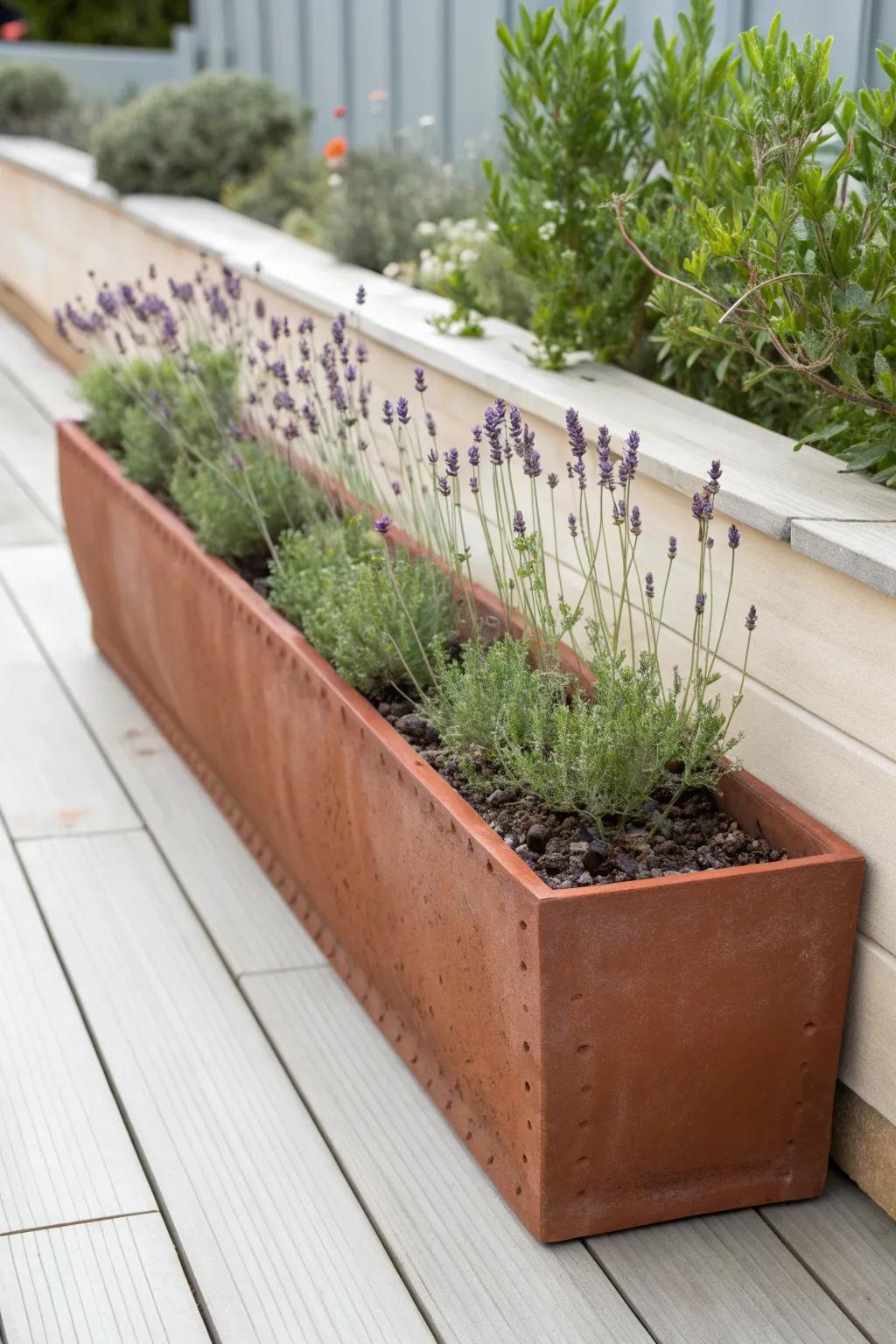 Repeat one plant in a slim planter for a calmer narrow garden that instantly feels more spacious.