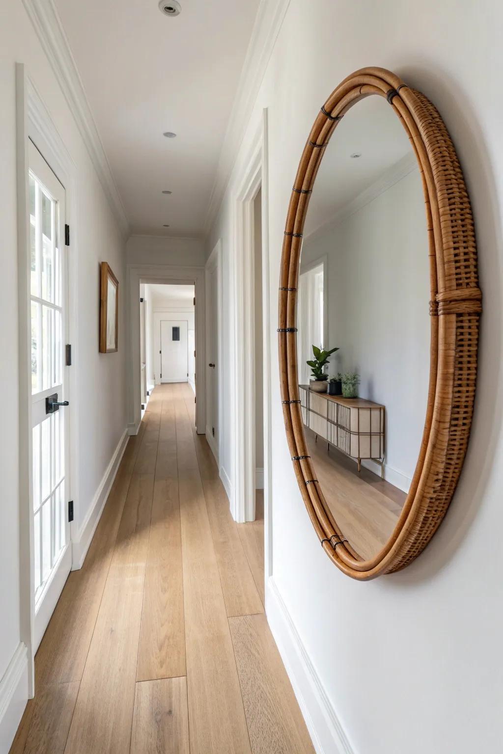 Turn a narrow hallway into a destination with one bold mirror that draws the eye forward.