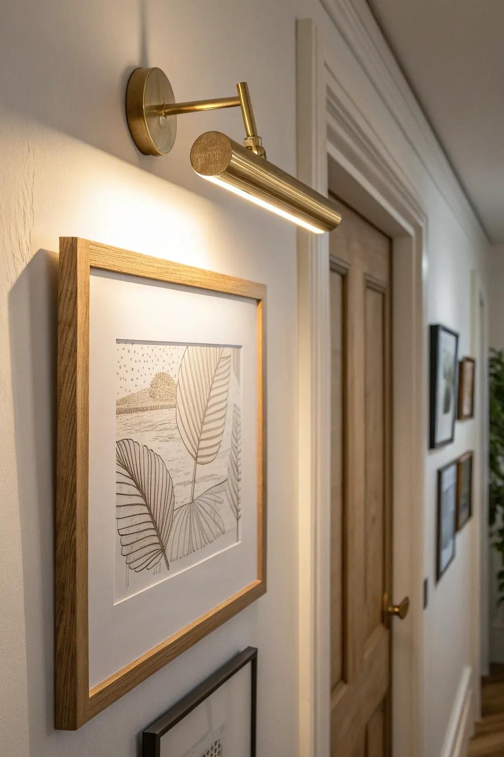 A slim brass picture light turns a narrow hallway wall into a warm, gallery-style moment.