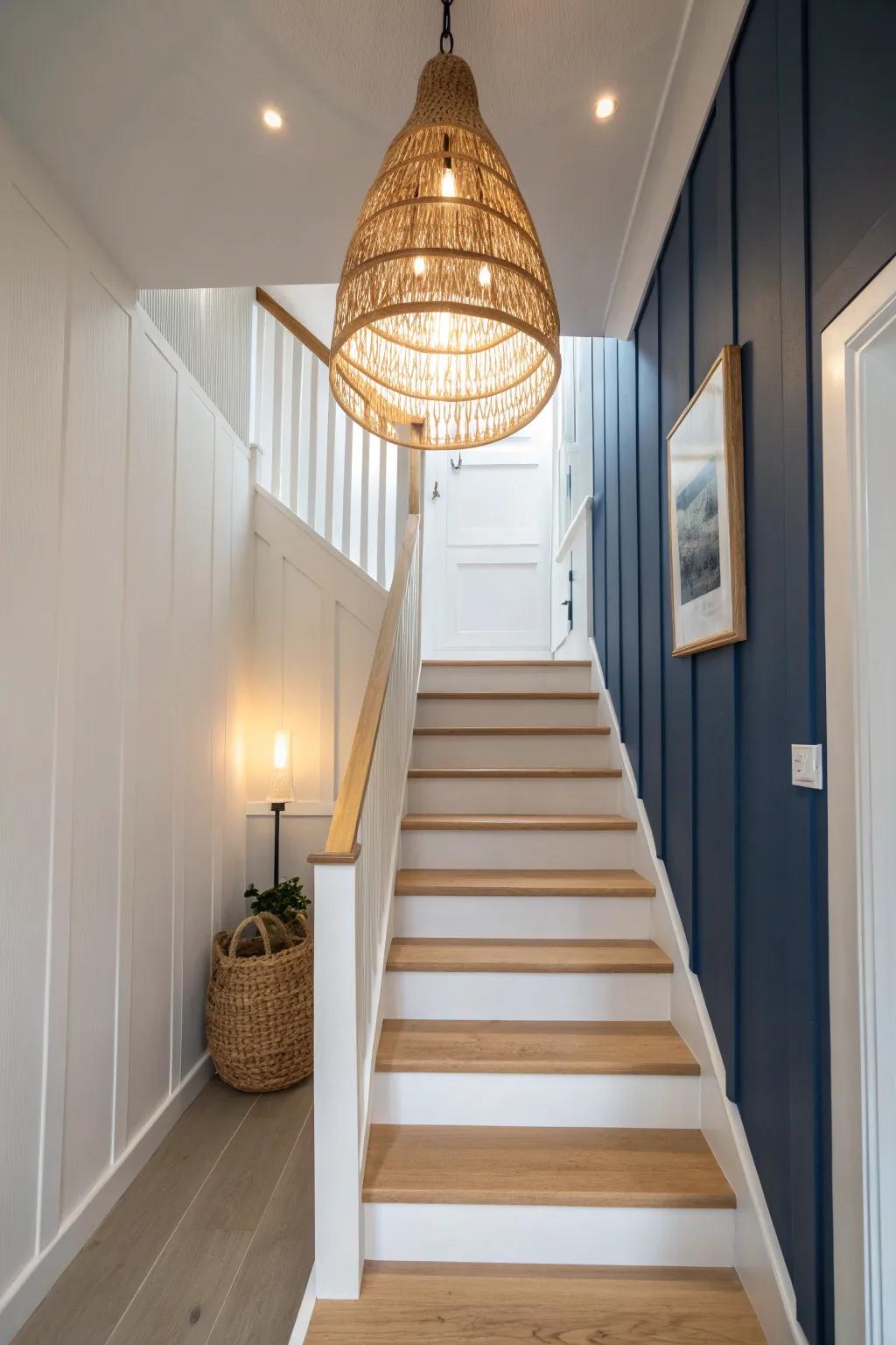 Slim pendant + hidden step lights make a narrow stair feel warm, safe, and inviting at night.