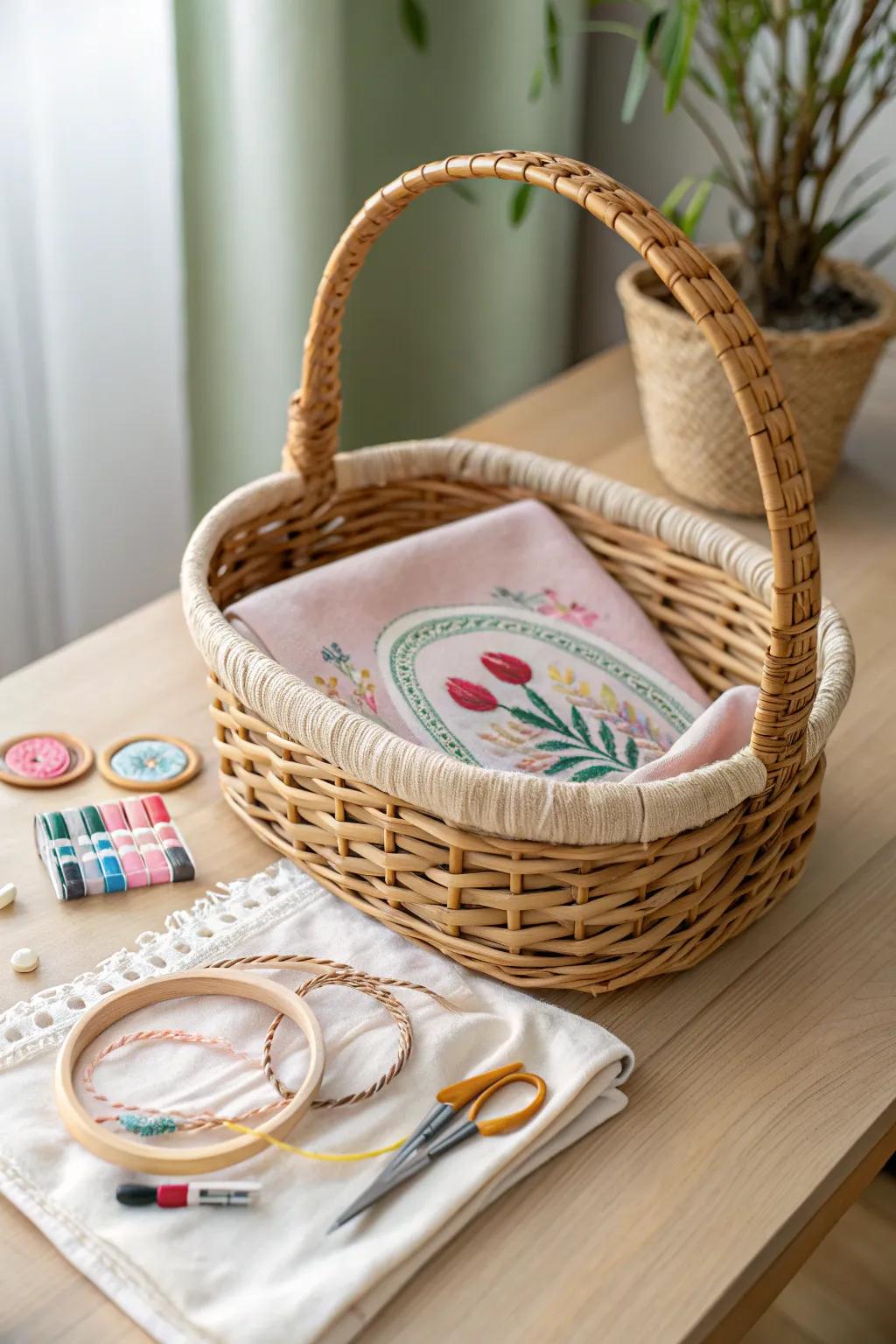 Organize your needlepoint projects in style with charming, minimalist baskets. Ready for your next crafting adventure!