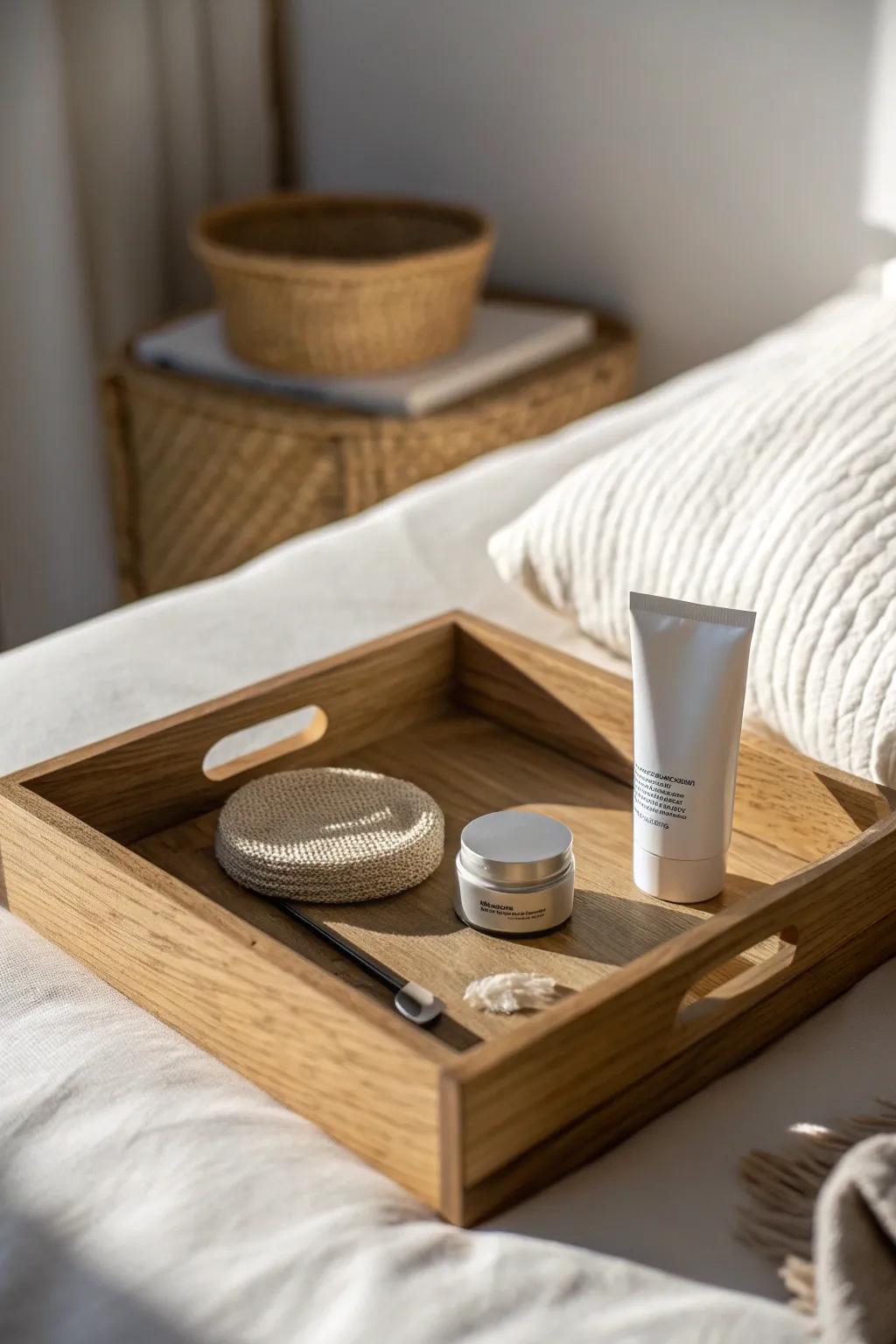 A simple bedside self-care tray keeps hand cream, balm, and a sleep mask neatly together.