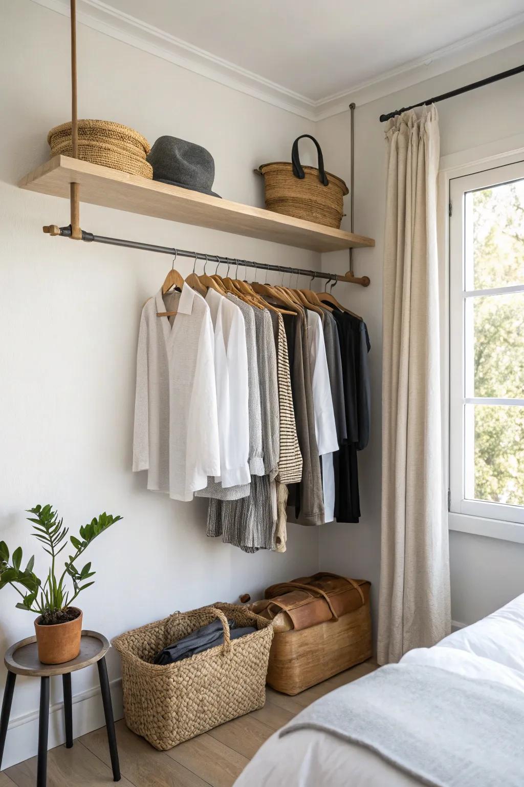 A shelf-and-rod closet wall that looks built-in—baskets above, everyday outfits below.