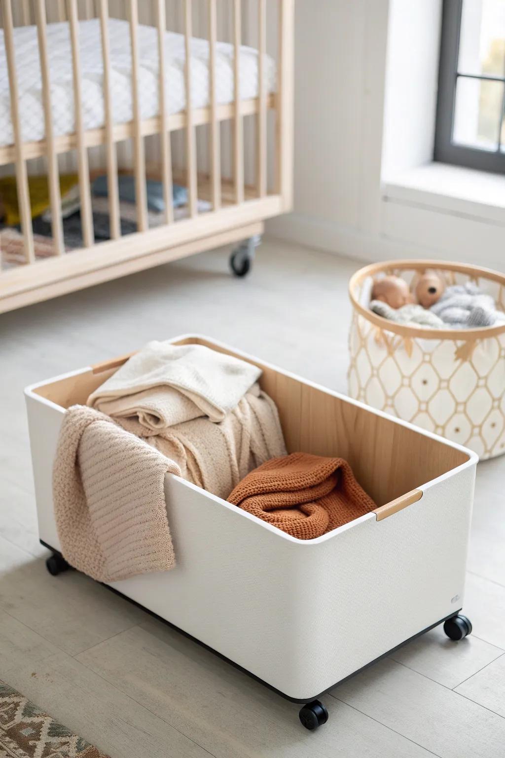 A slim rolling under-crib bin keeps off-season baby clothes tucked away and easy to grab.