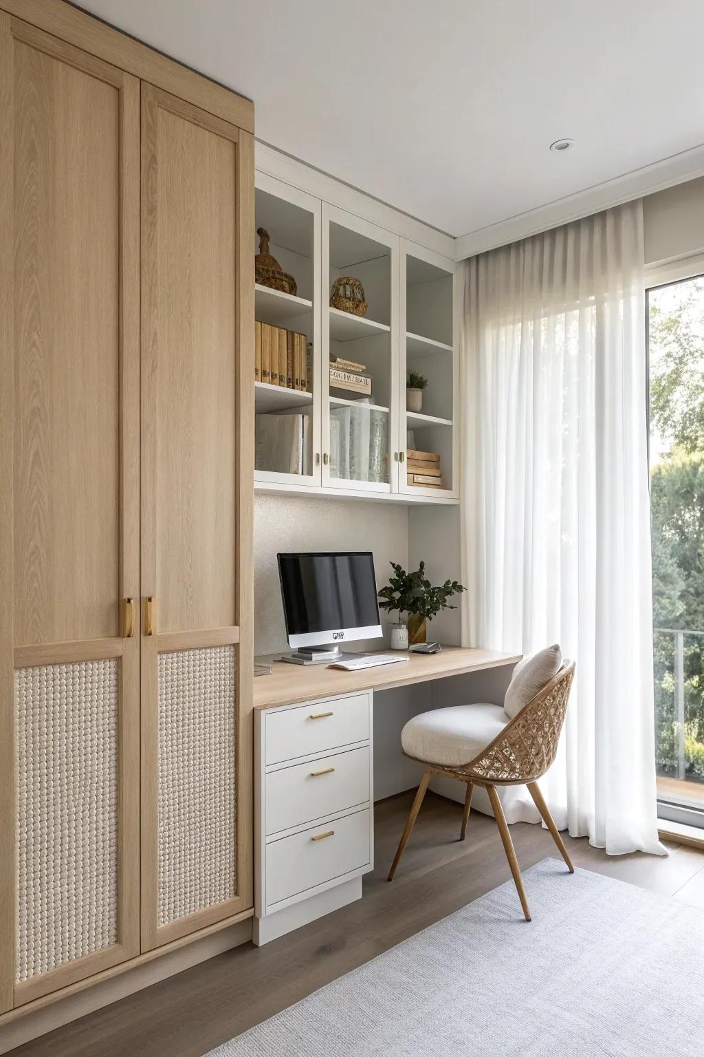 Built-in cabinets framing the window turn a tiny nook into a bright, airy home office.