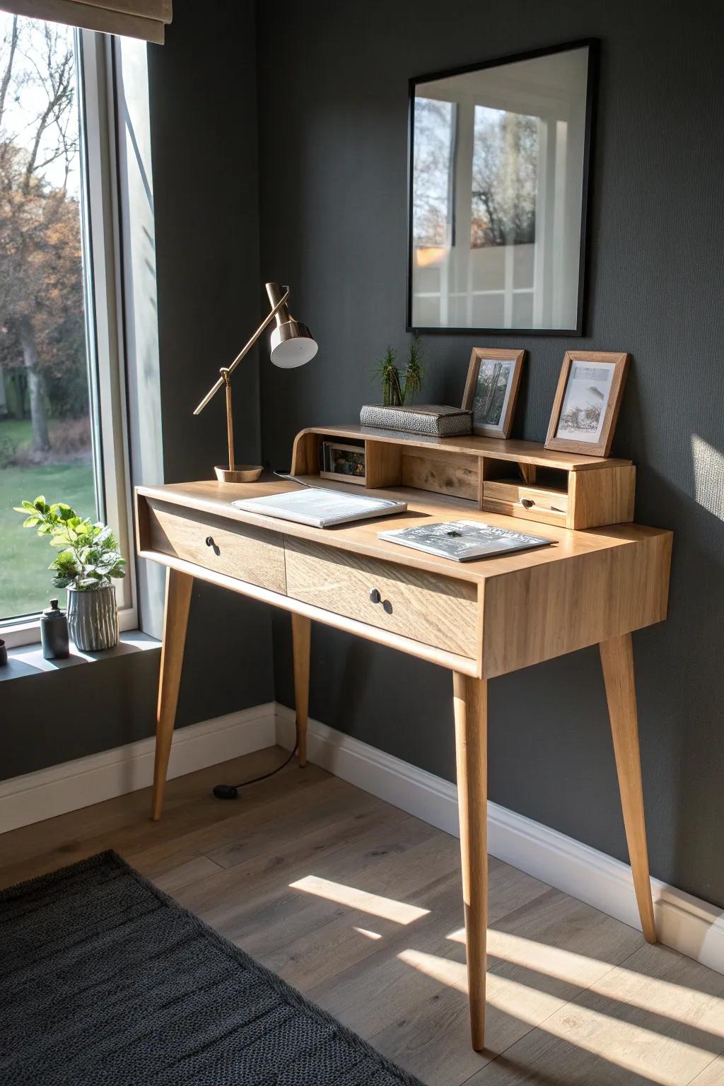 A pale, reflective desk with airy legs brightens even the darkest tiny home office corner.