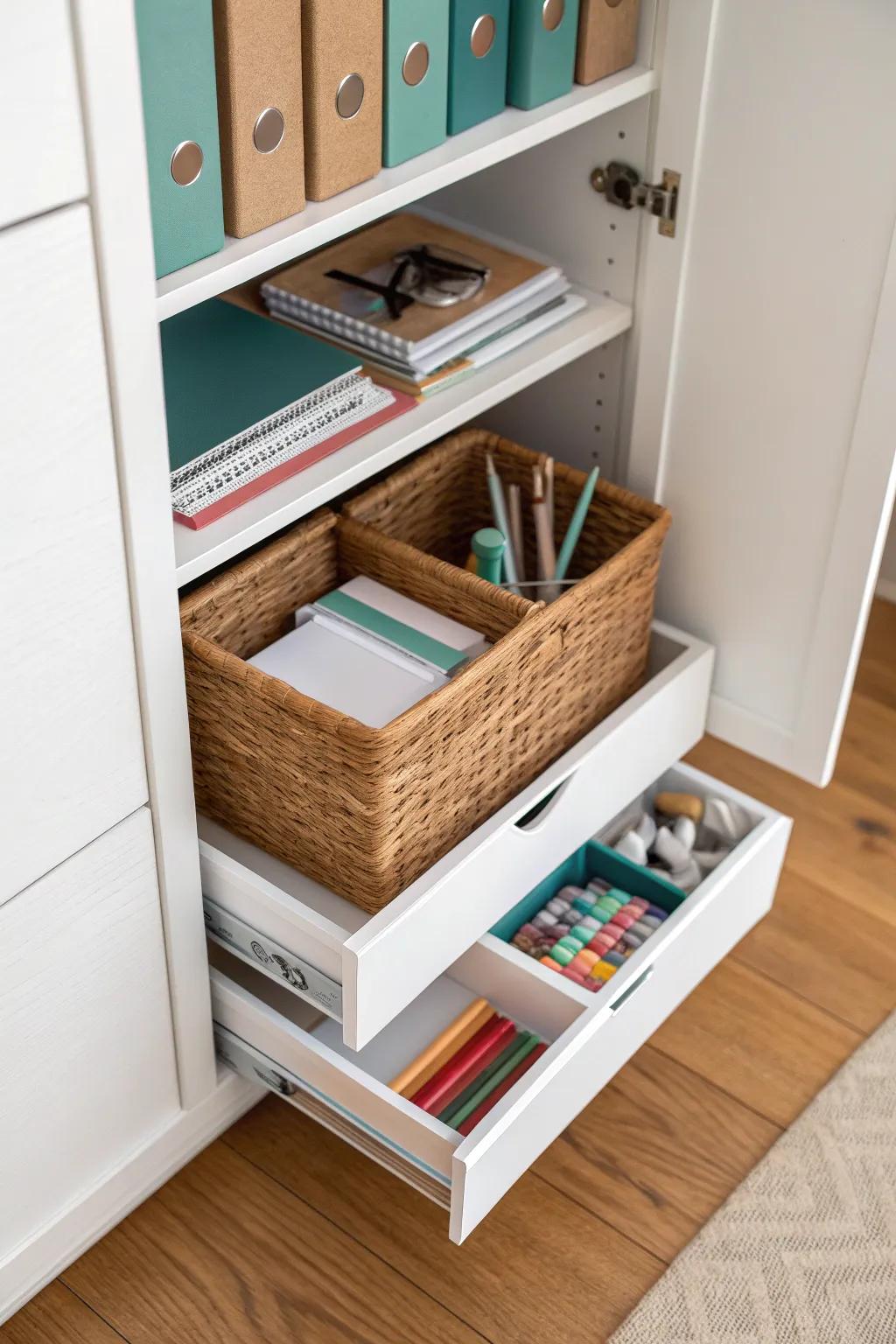 Turn one cabinet shelf into a chic supply station—labeled bins hide the clutter in seconds.