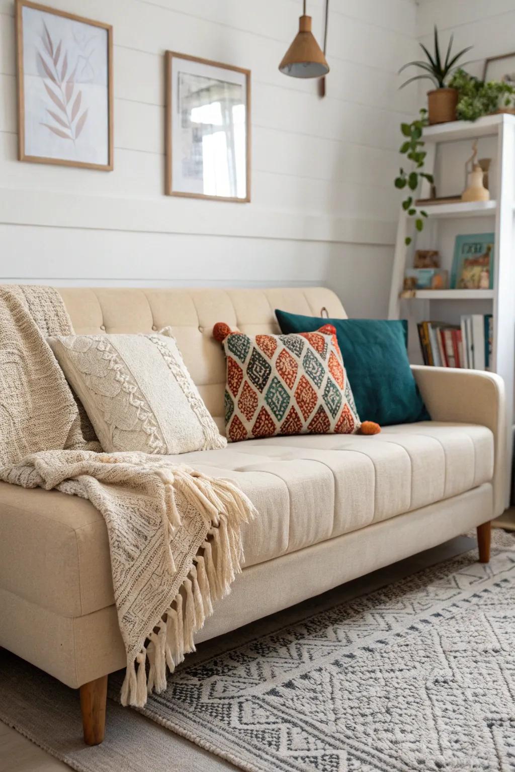 Make your sofa bed look lounge-ready with layered pillows and a chunky throw—no bedding in sight.