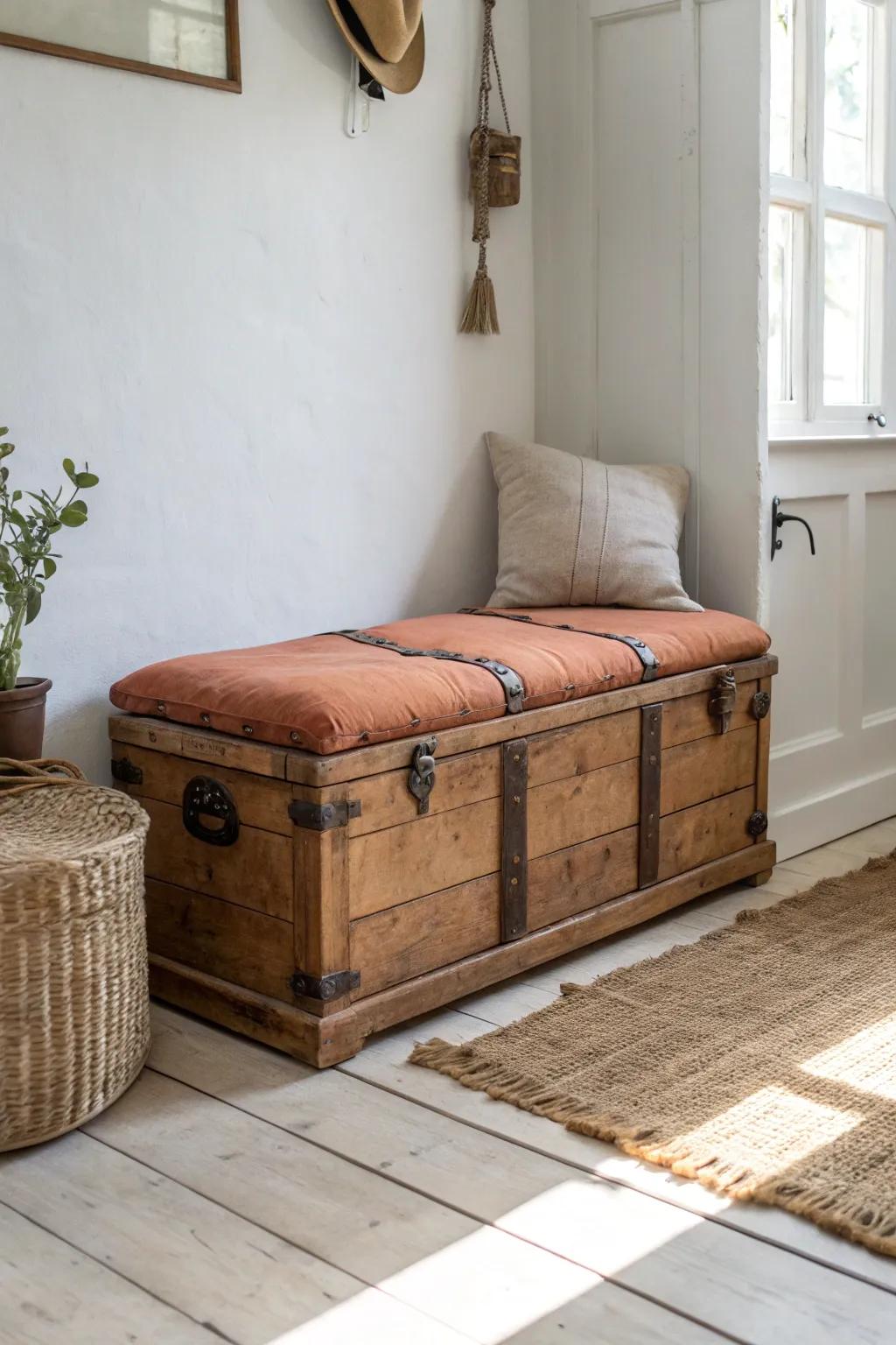 Turn an old trunk into a chic storage bench with a slim cushion—extra seating, hidden clutter.