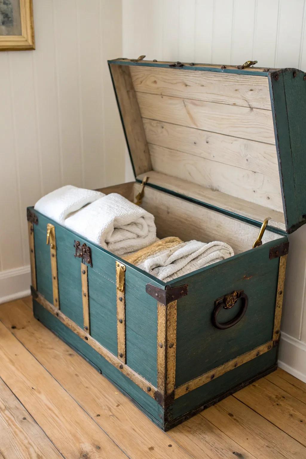 Turn a vintage trunk into a chic linen chest—store towels and guest bedding beautifully.