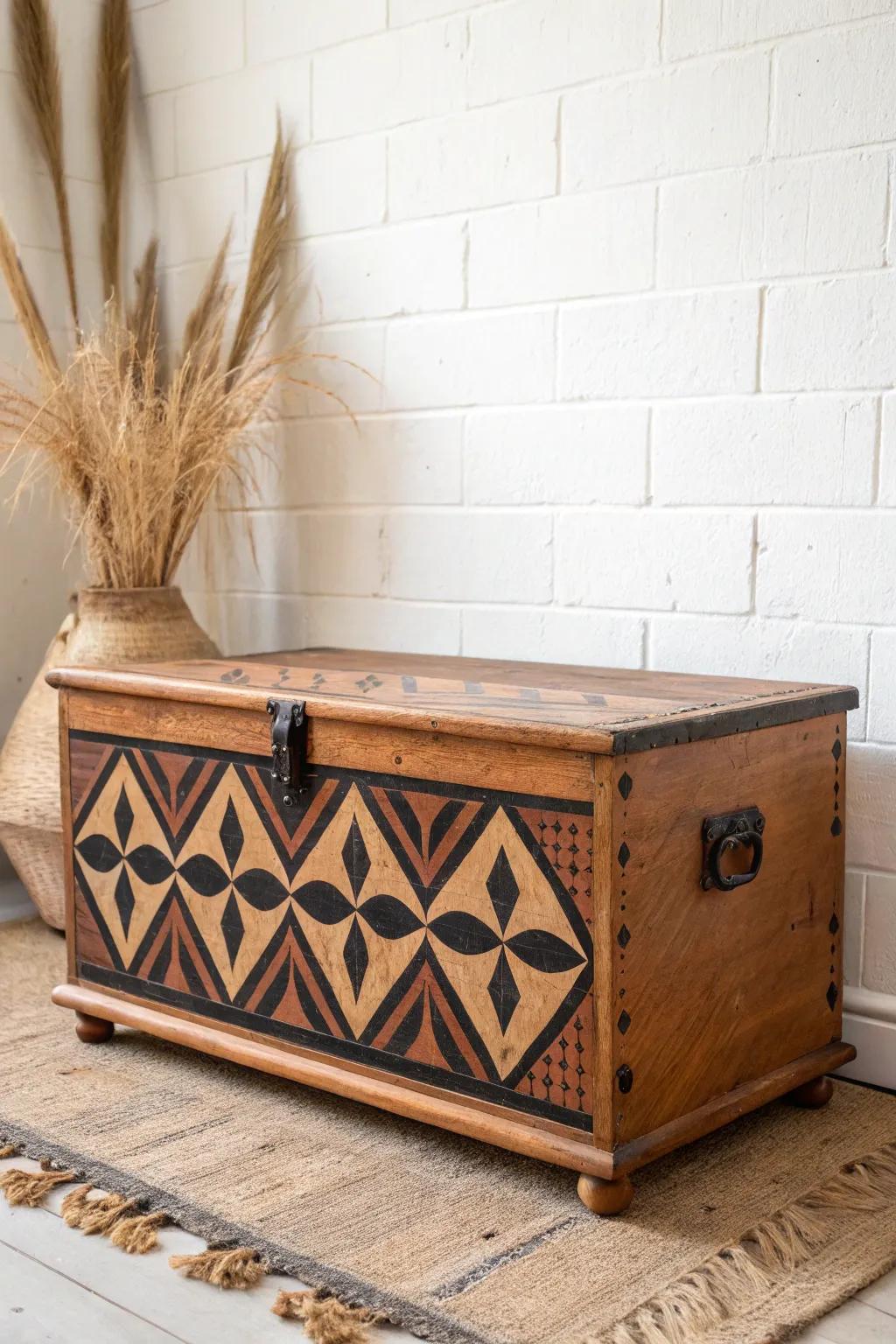 Bold geometric stencil transforms an old trunk into a minimalist, boho-inspired statement piece.