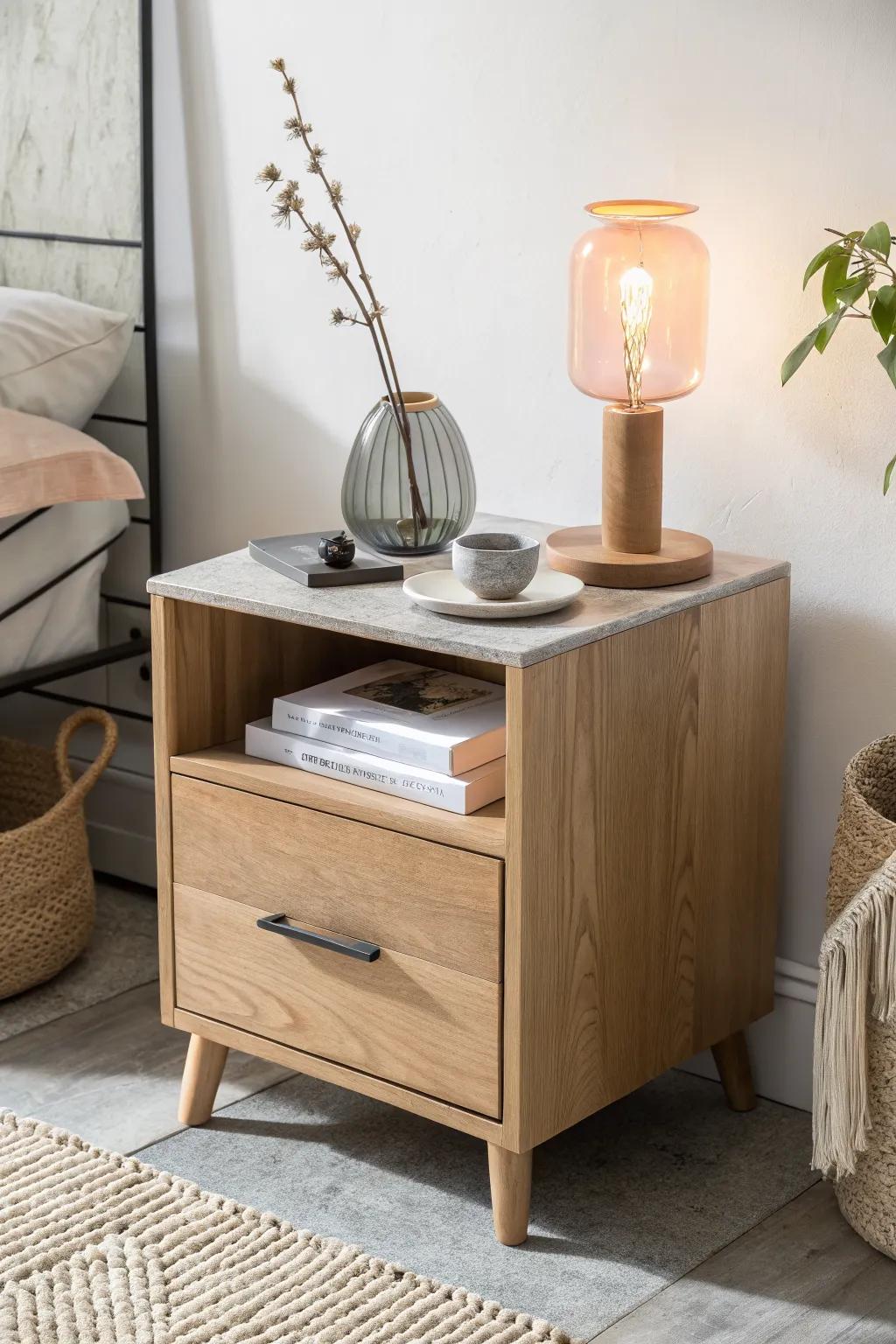 A calm nightstand system: tray, lamp, catch-all, and hidden storage to keep it serene.