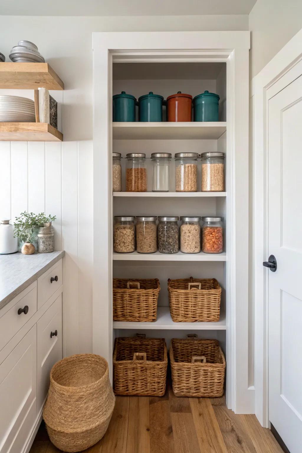 Turn a shallow closet into a chic open pantry with jars, baskets, and bold ceramics.