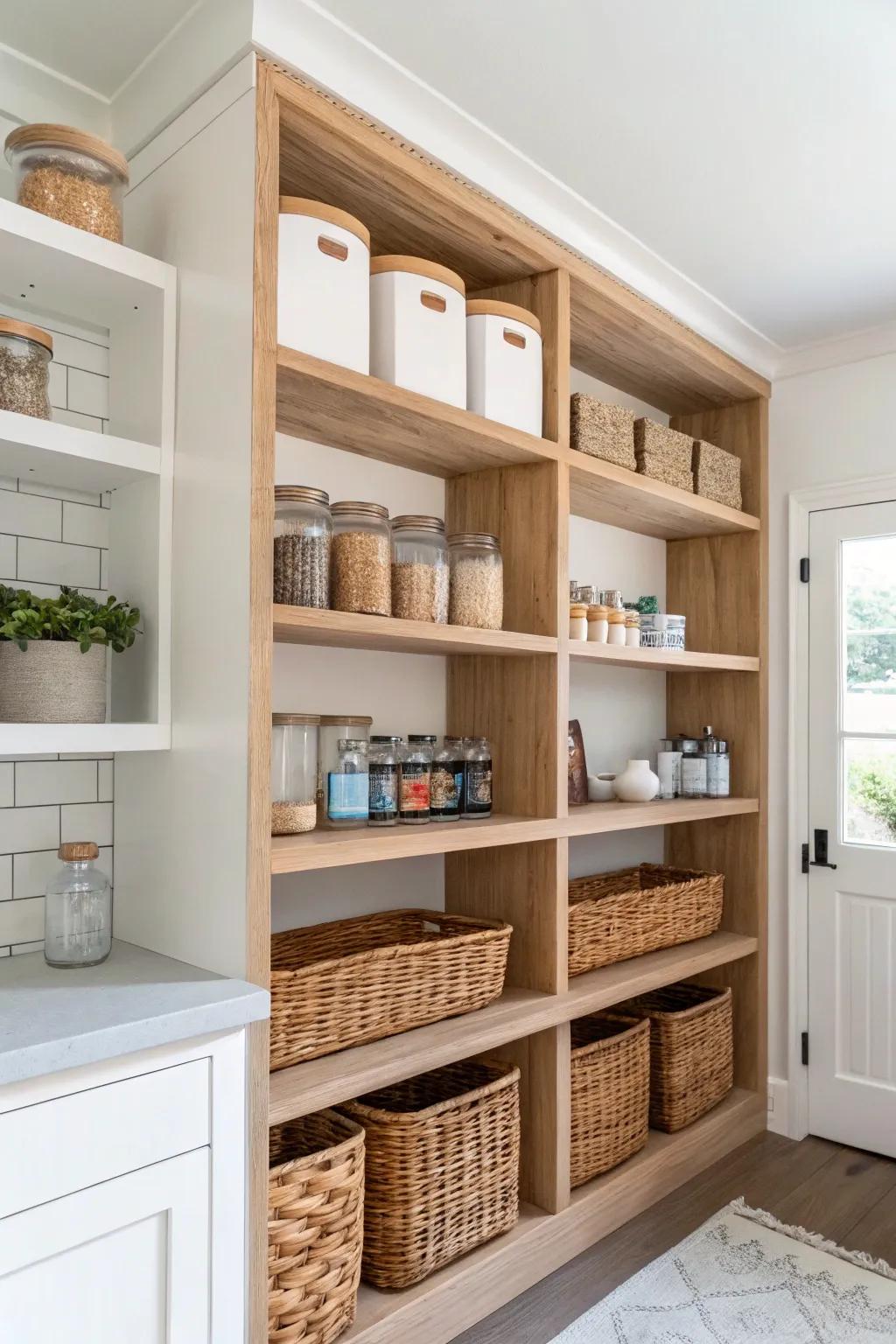 Ceiling-high open pantry shelves: stash backstock up top for clear counters in tiny kitchens.