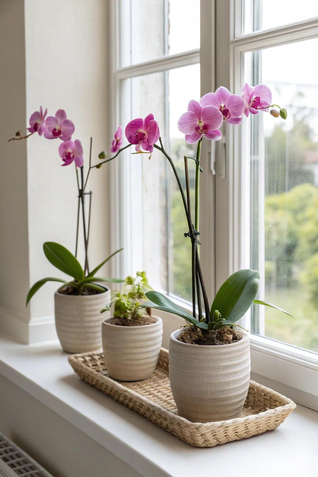 A bright window-sill orchid lineup in matching pots for an airy, collected look.