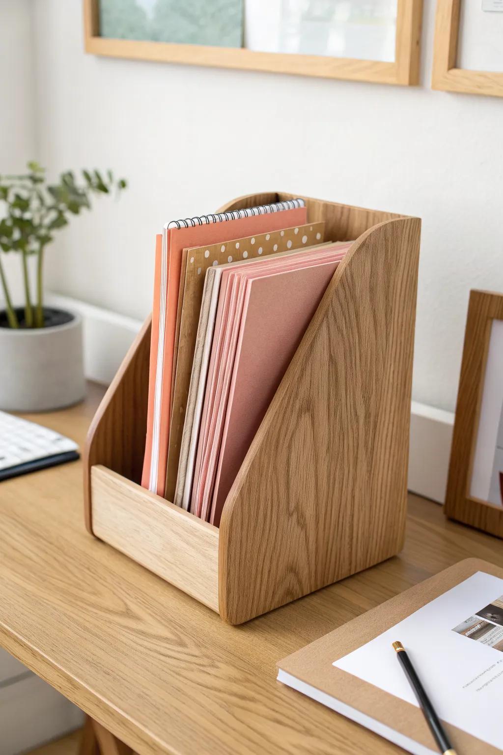 Keep cardstock crisp—store paper upright in chic magazine holders for instant, tidy access.