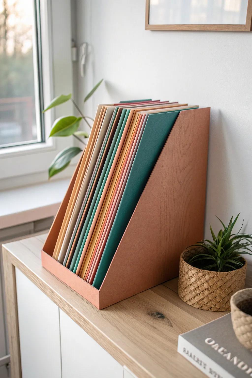 Store cardstock upright in a magazine file—easy to flip through, zero wrinkles, less mess.