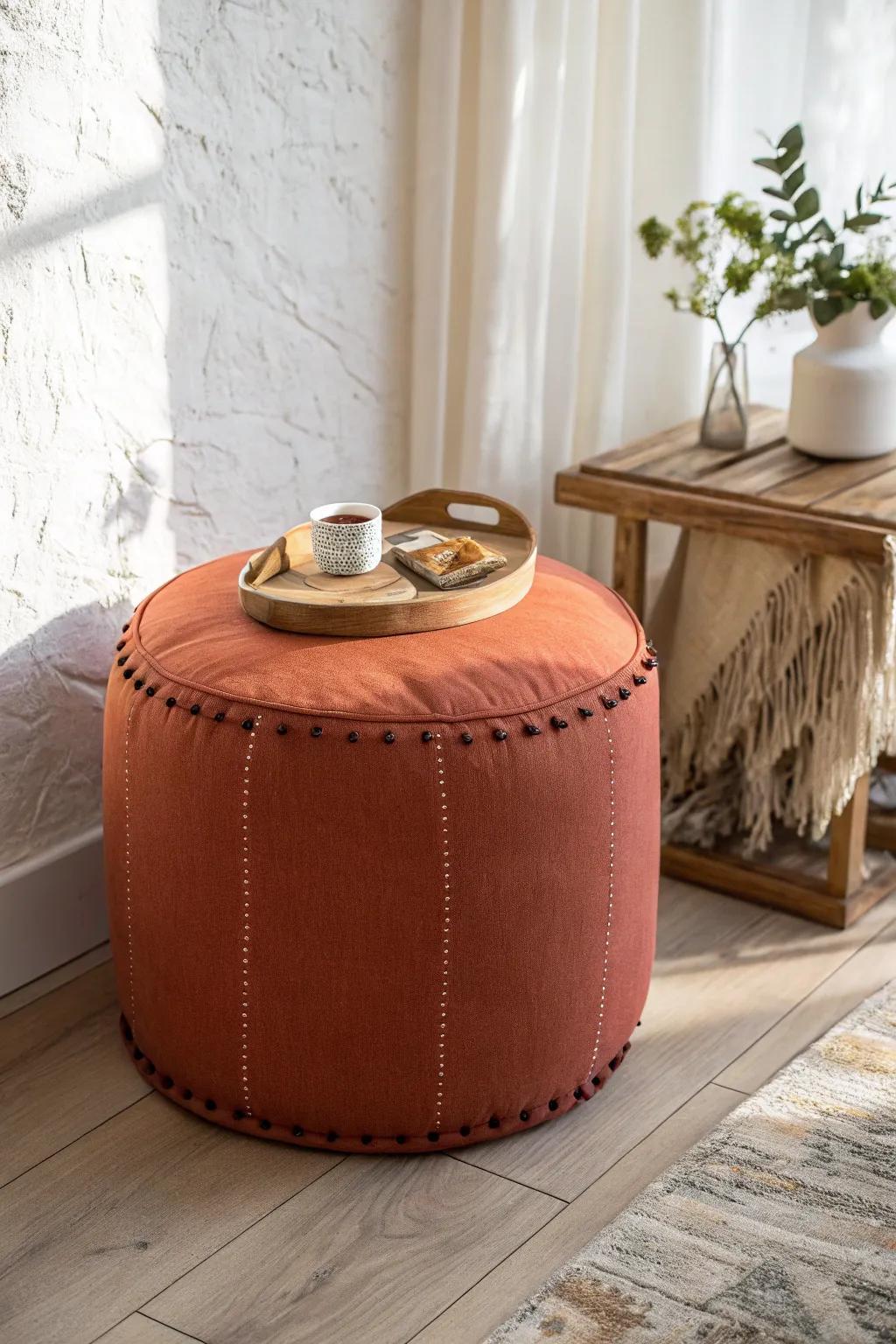 A round drum ottoman doubles as a chic side table—add a tray for everyday ease.