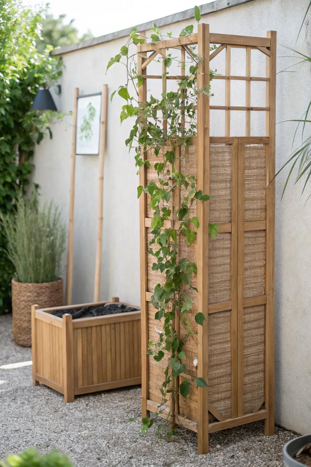 A simple trellis + climbing vines turns the trash corner into a chic, garden-like screen.
