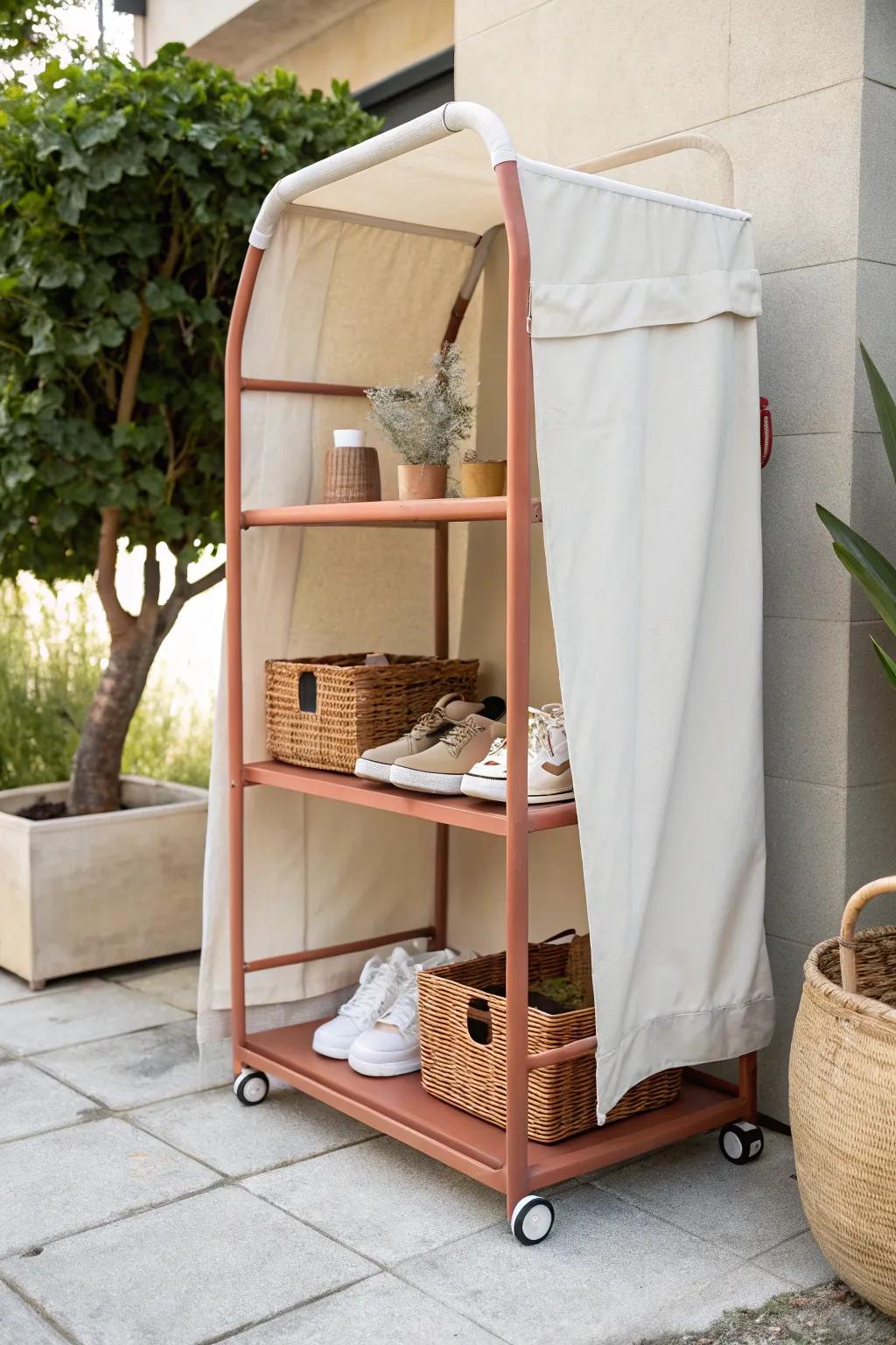 A rolling shelf with a chic cover—weather-ready outdoor shoe storage that moves with you.