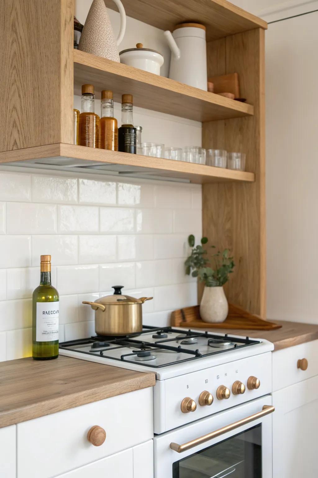 A slim under-cabinet shelf keeps salt and oil within reach—simple, heat-safe, clutter-free.