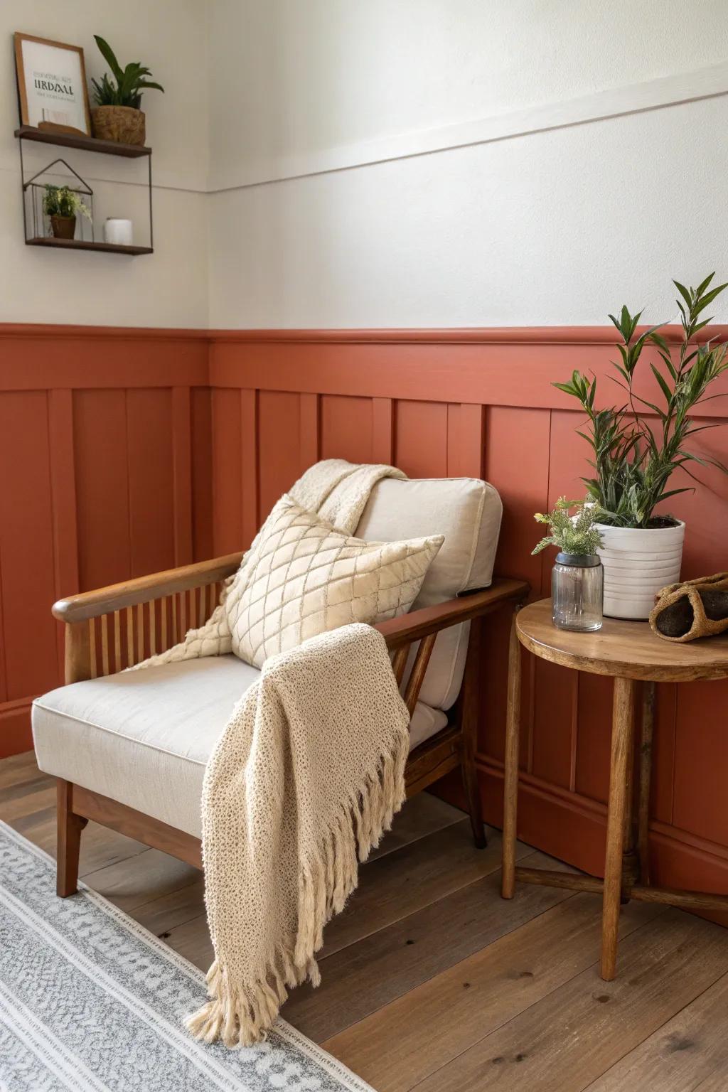 Transform your space with a cozy, intimate nook using a bold terracotta-painted chair rail and minimalist decor.