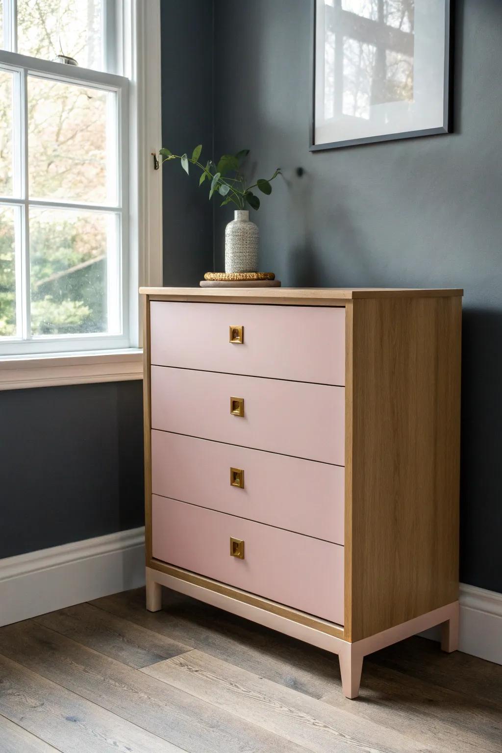 Dusty blush chest of drawers: sweet, grown-up color that warms a tiny corner in seconds.
