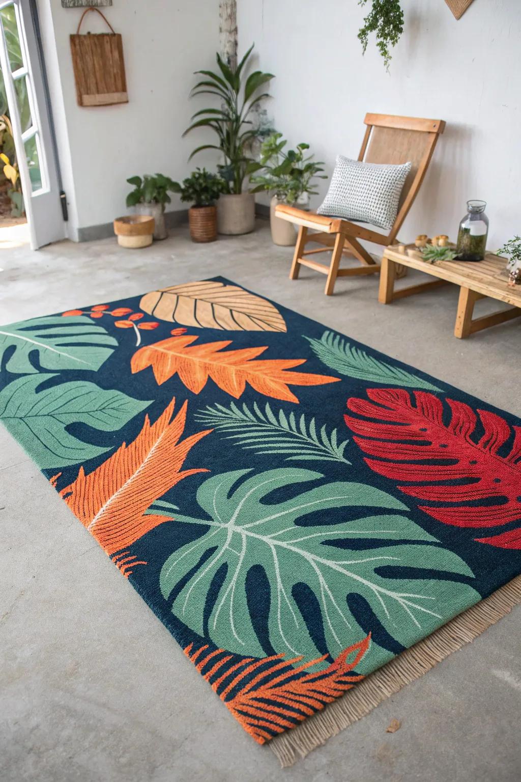 Bring paradise to your patio with a vibrant, tropical leaf painted rug!
