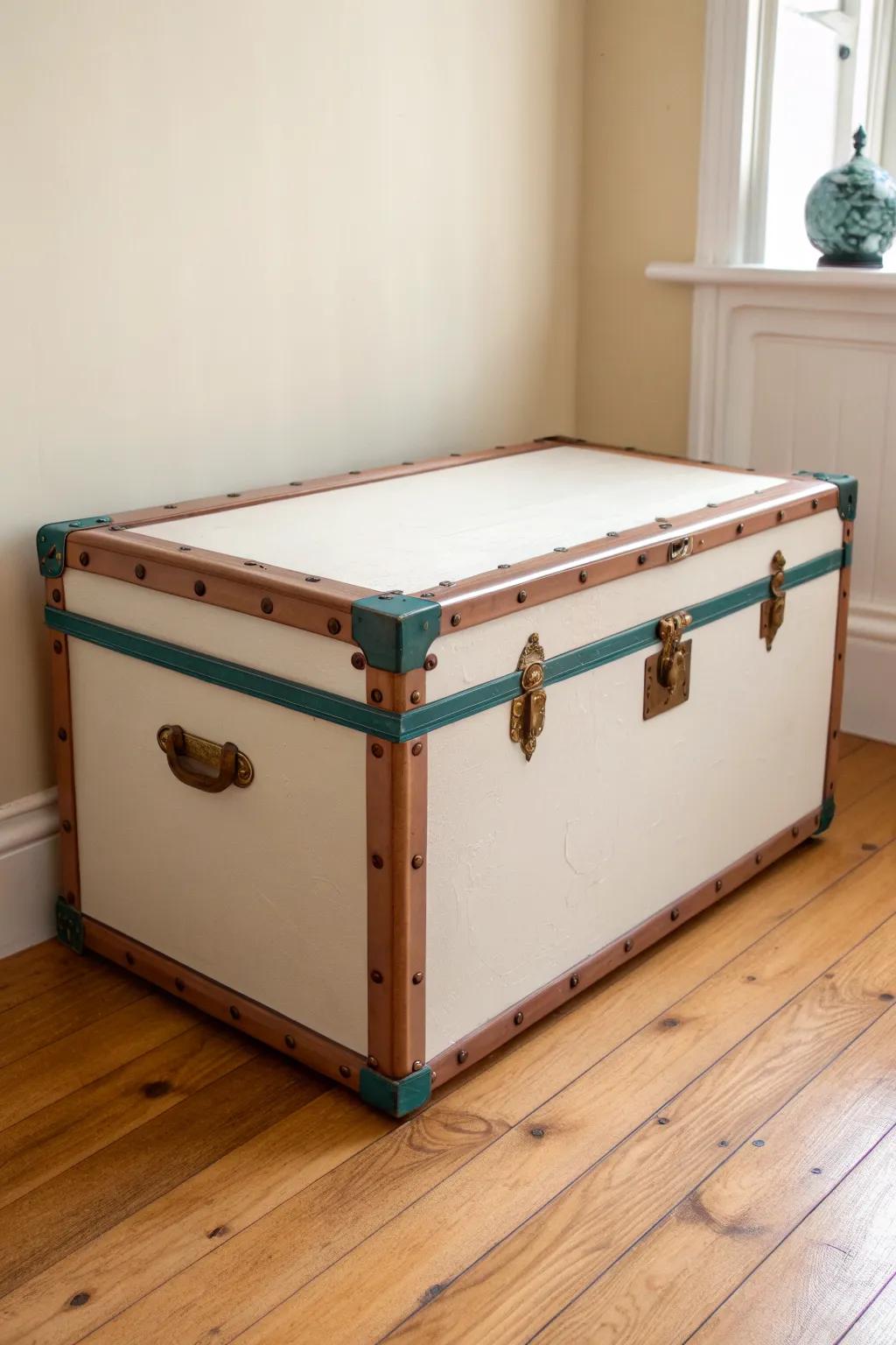 A simple painted border turns this minimalist trunk into a bold, custom centerpiece for small spaces.