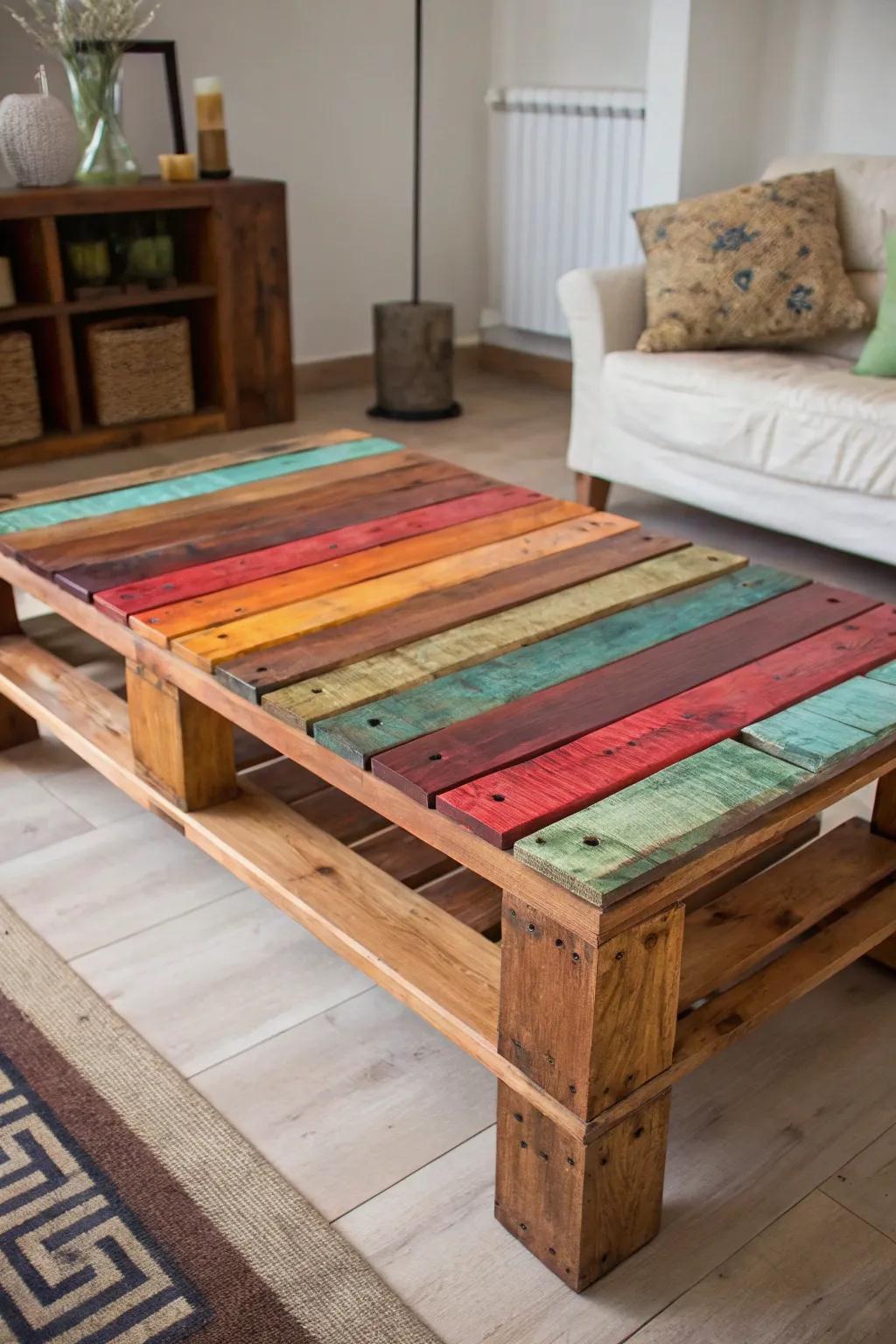 Turn your coffee table into a vibrant masterpiece with colorful stained slats!