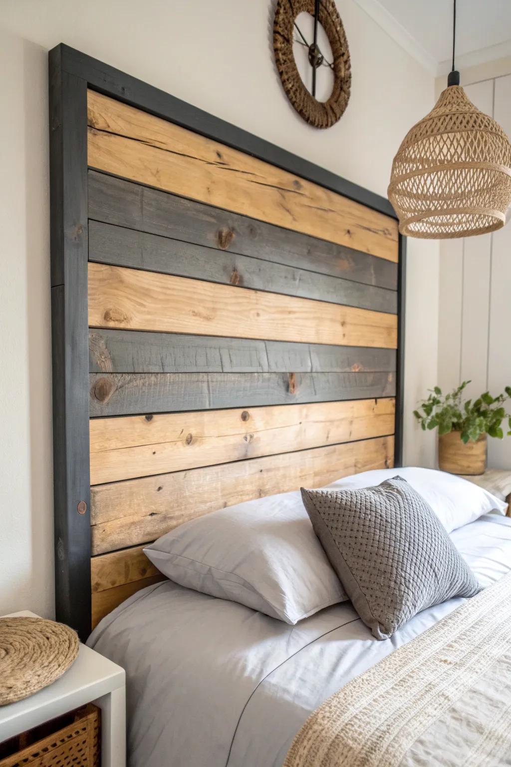 A two-tone pallet headboard: dark frame + natural planks for instant small-space style.