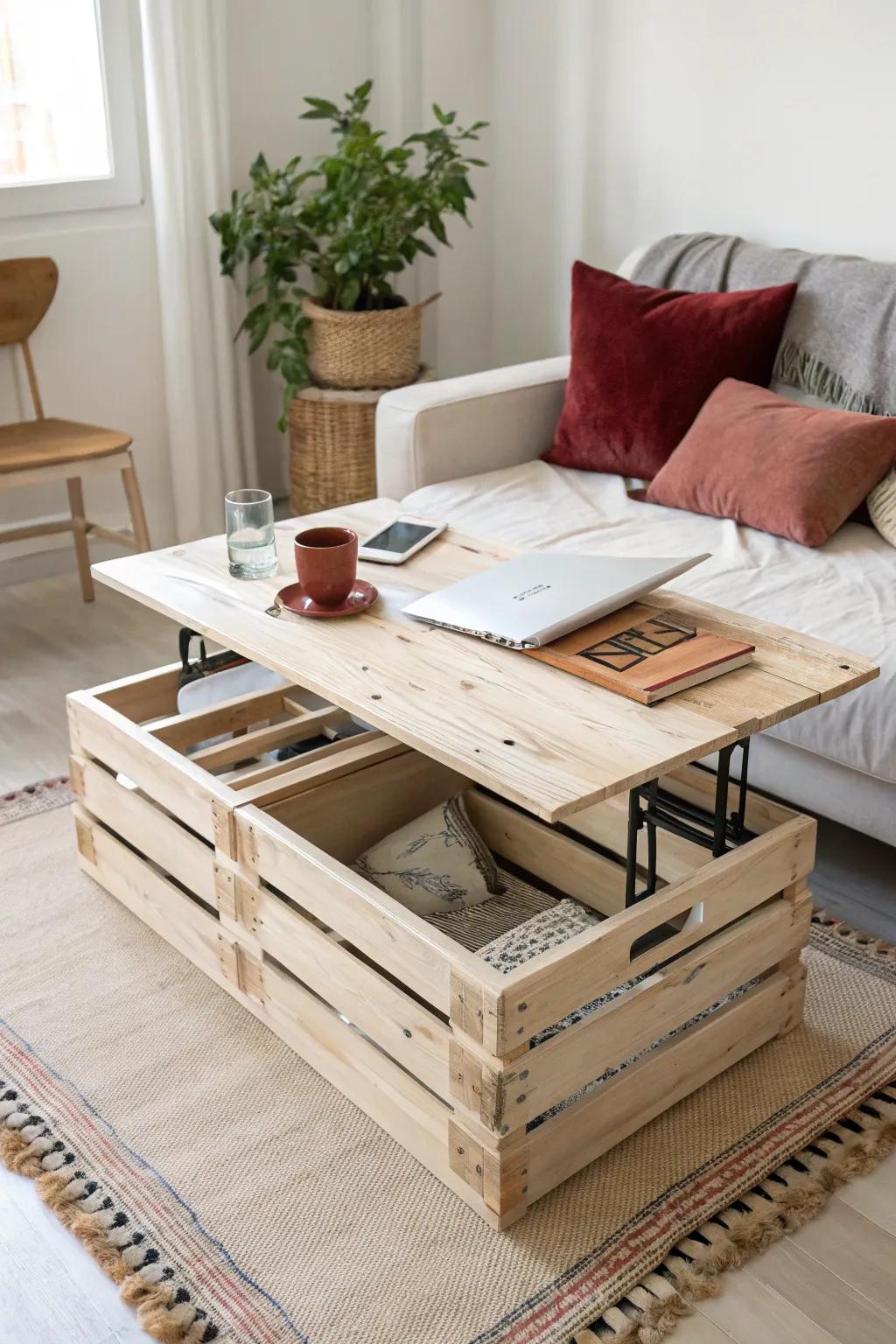 Lift-top pallet coffee table with hidden storage—crafty, minimal, and boldly cozy.