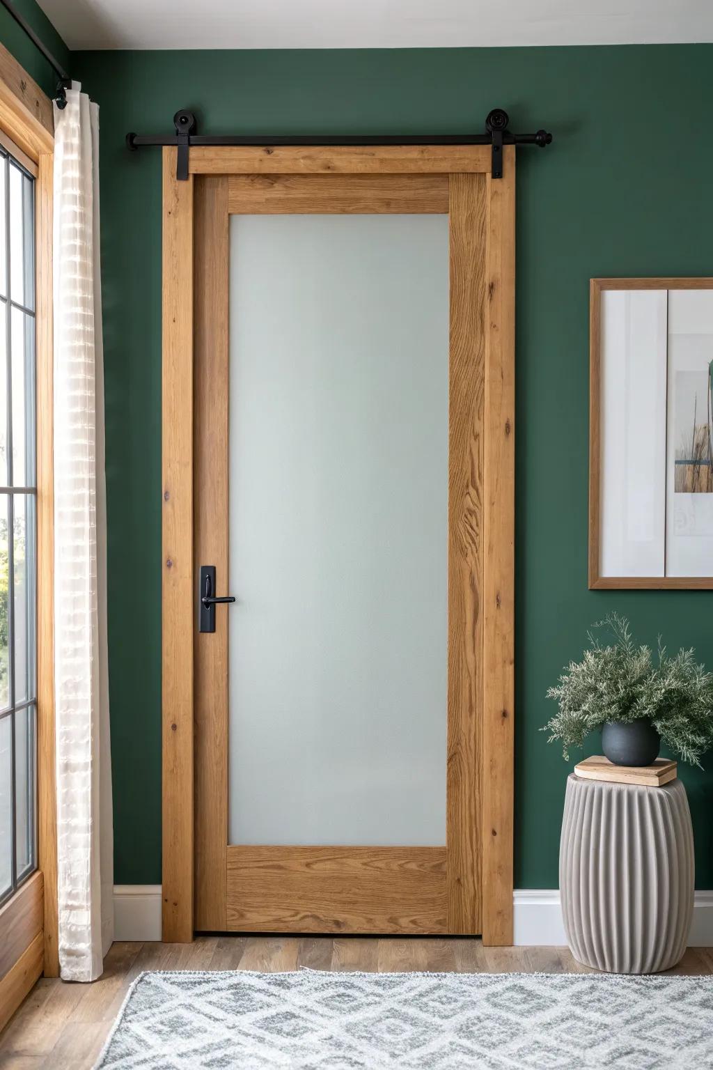 Frosted glass barn door brightens a small pantry nook—light in, cereal chaos out.