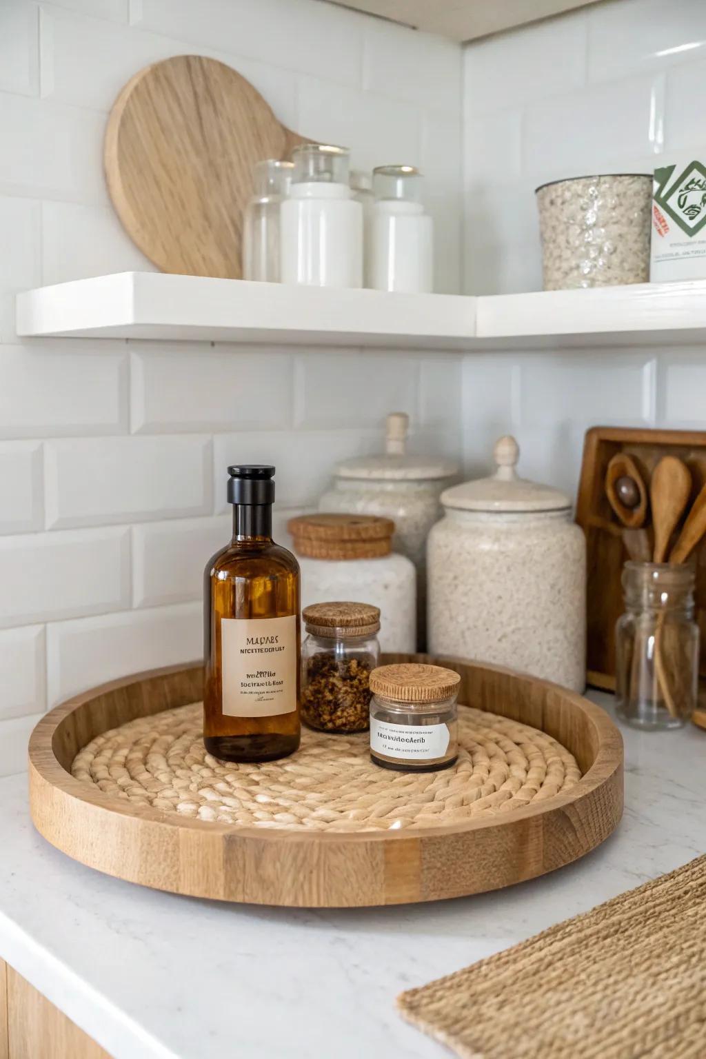 Turn an awkward corner into a chic display—spin your oils and sauces with a lazy Susan.
