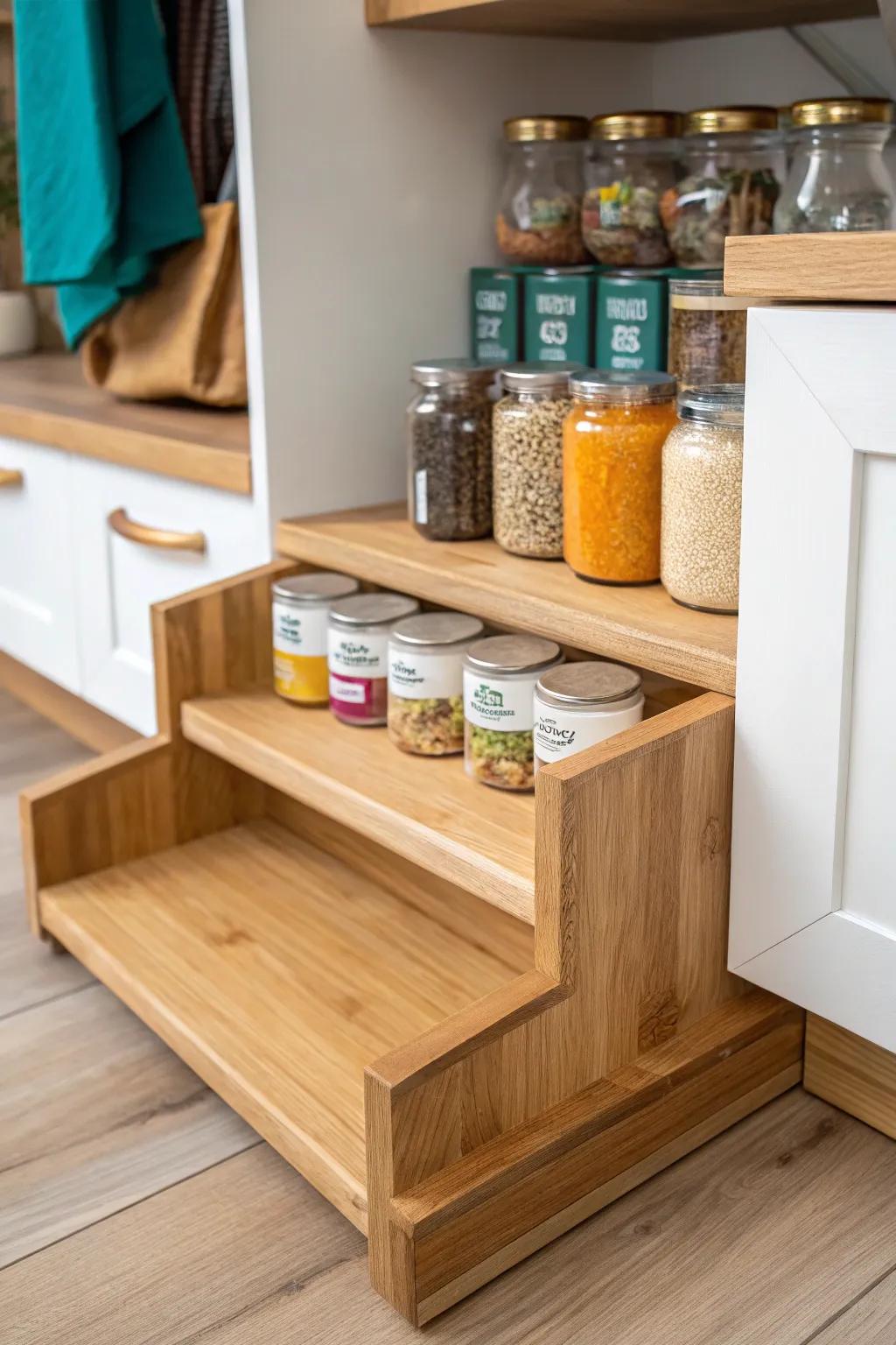 Tiered risers keep cans and jars visible—no more mystery soups or accidental duplicates.