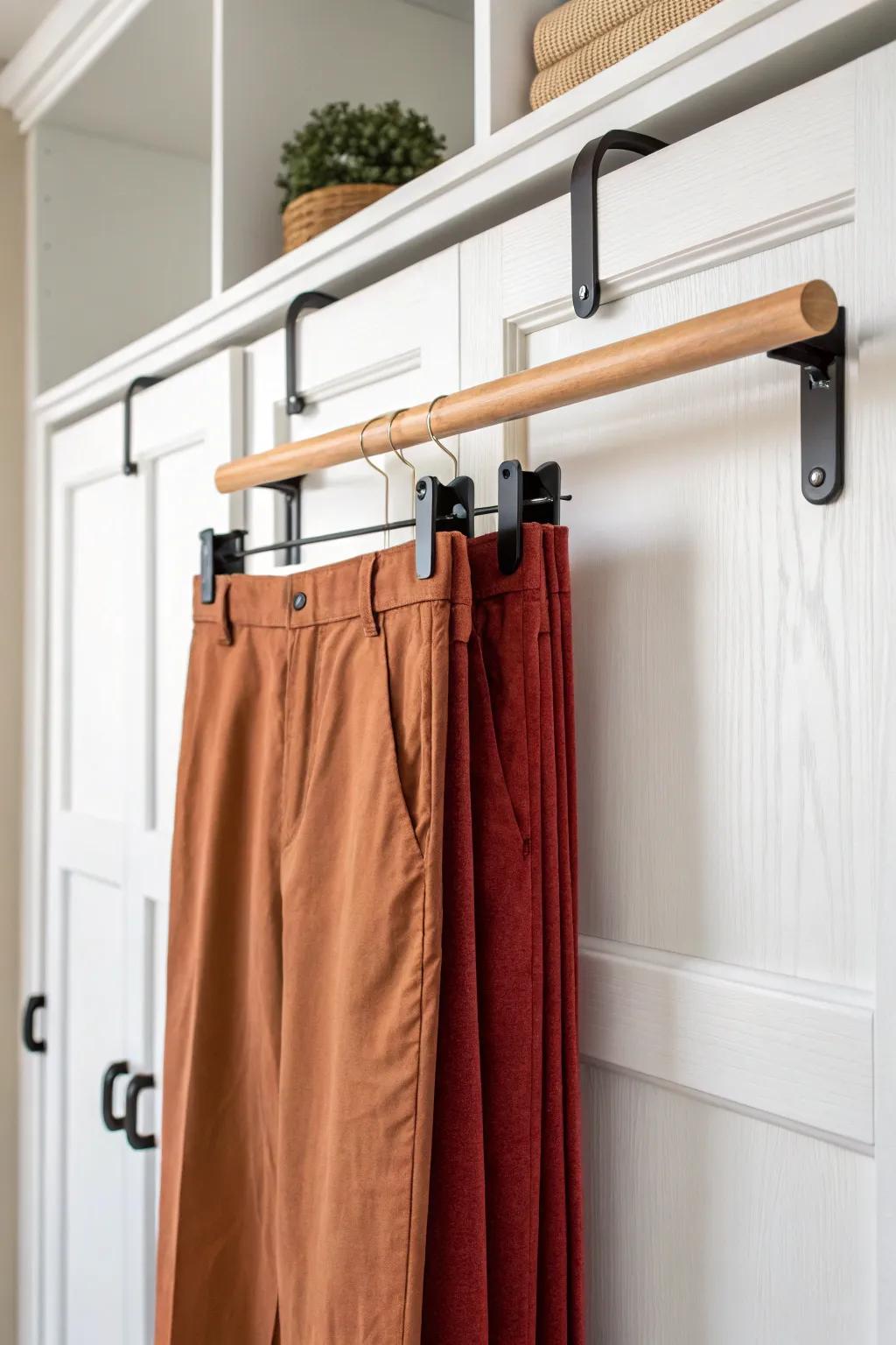 Over-the-door pants rail keeps wear-again pairs tidy—no more chair pile in tiny closets.